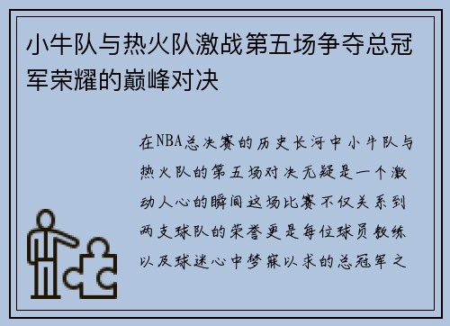 小牛队与热火队激战第五场争夺总冠军荣耀的巅峰对决