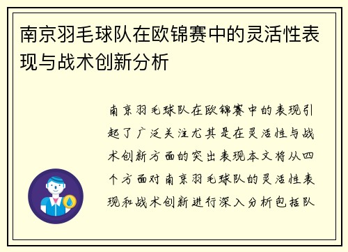 南京羽毛球队在欧锦赛中的灵活性表现与战术创新分析