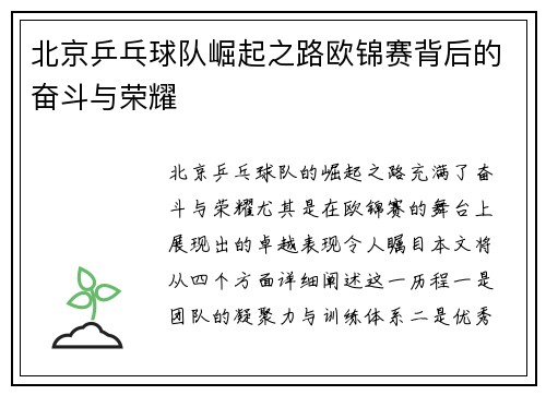 北京乒乓球队崛起之路欧锦赛背后的奋斗与荣耀
