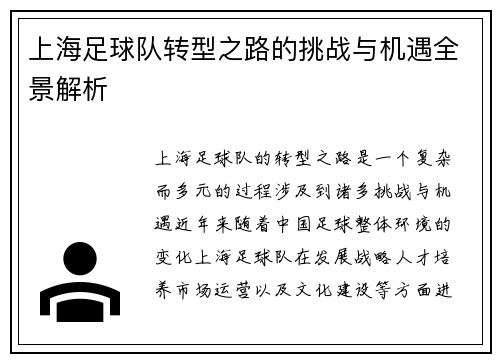 上海足球队转型之路的挑战与机遇全景解析