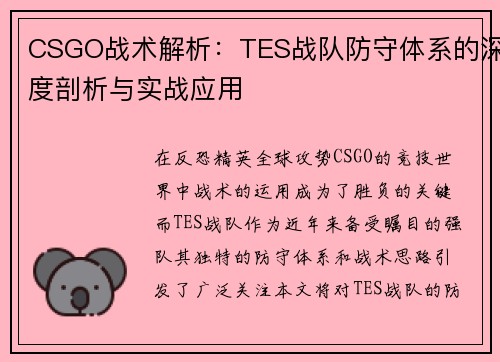 CSGO战术解析：TES战队防守体系的深度剖析与实战应用