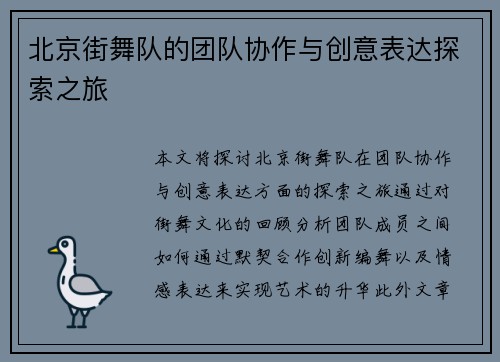 北京街舞队的团队协作与创意表达探索之旅