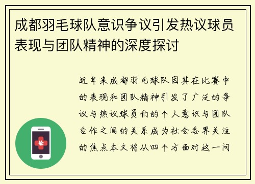 成都羽毛球队意识争议引发热议球员表现与团队精神的深度探讨