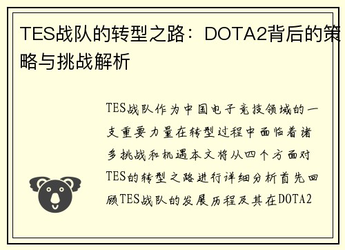 TES战队的转型之路：DOTA2背后的策略与挑战解析