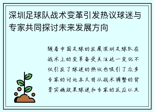 深圳足球队战术变革引发热议球迷与专家共同探讨未来发展方向