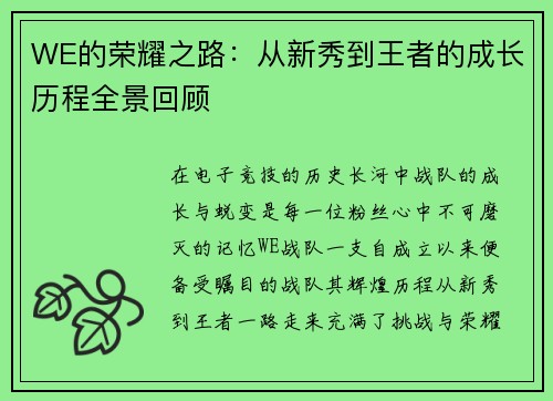 WE的荣耀之路：从新秀到王者的成长历程全景回顾